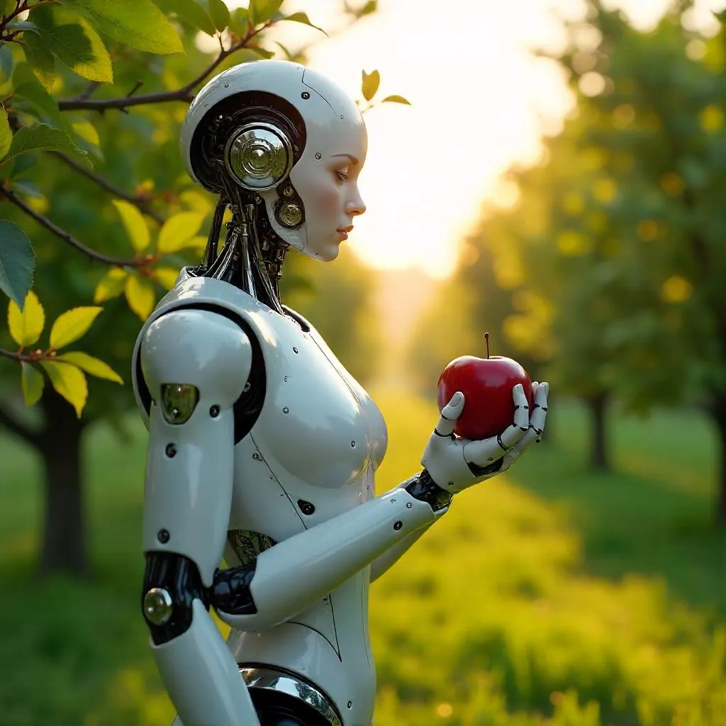 Photorealistic Android in a Sunlit Orchard