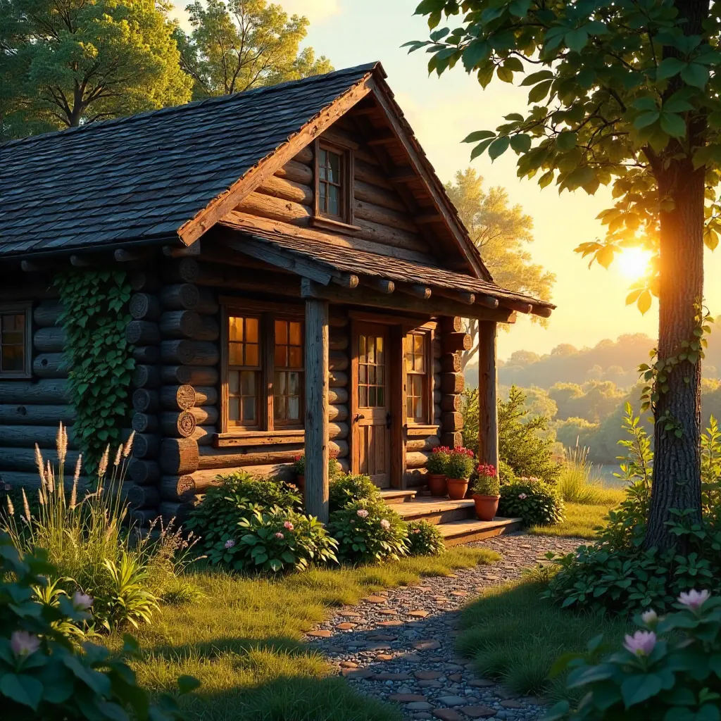Sunset Calm: Charming Log Cabin Exterior