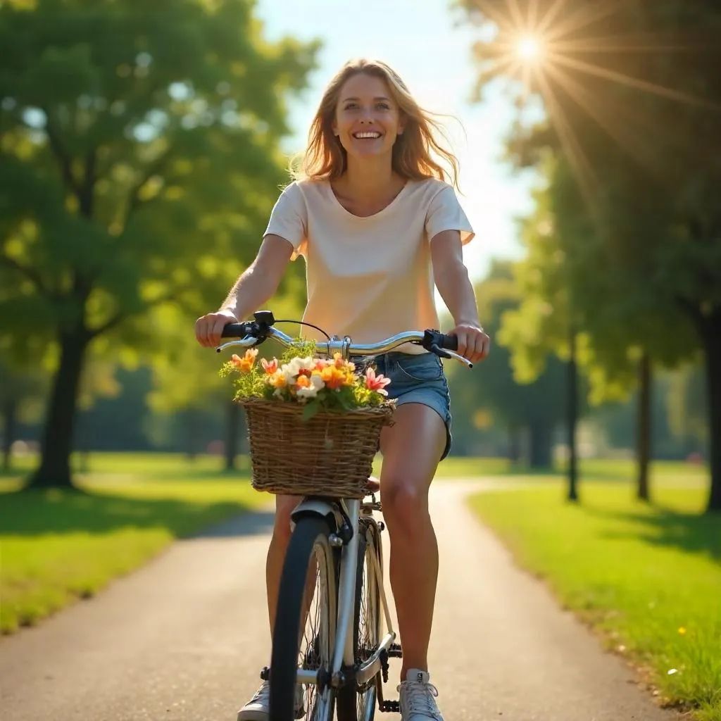 Cheerful White Woman on a Bicycle, Photorealistic