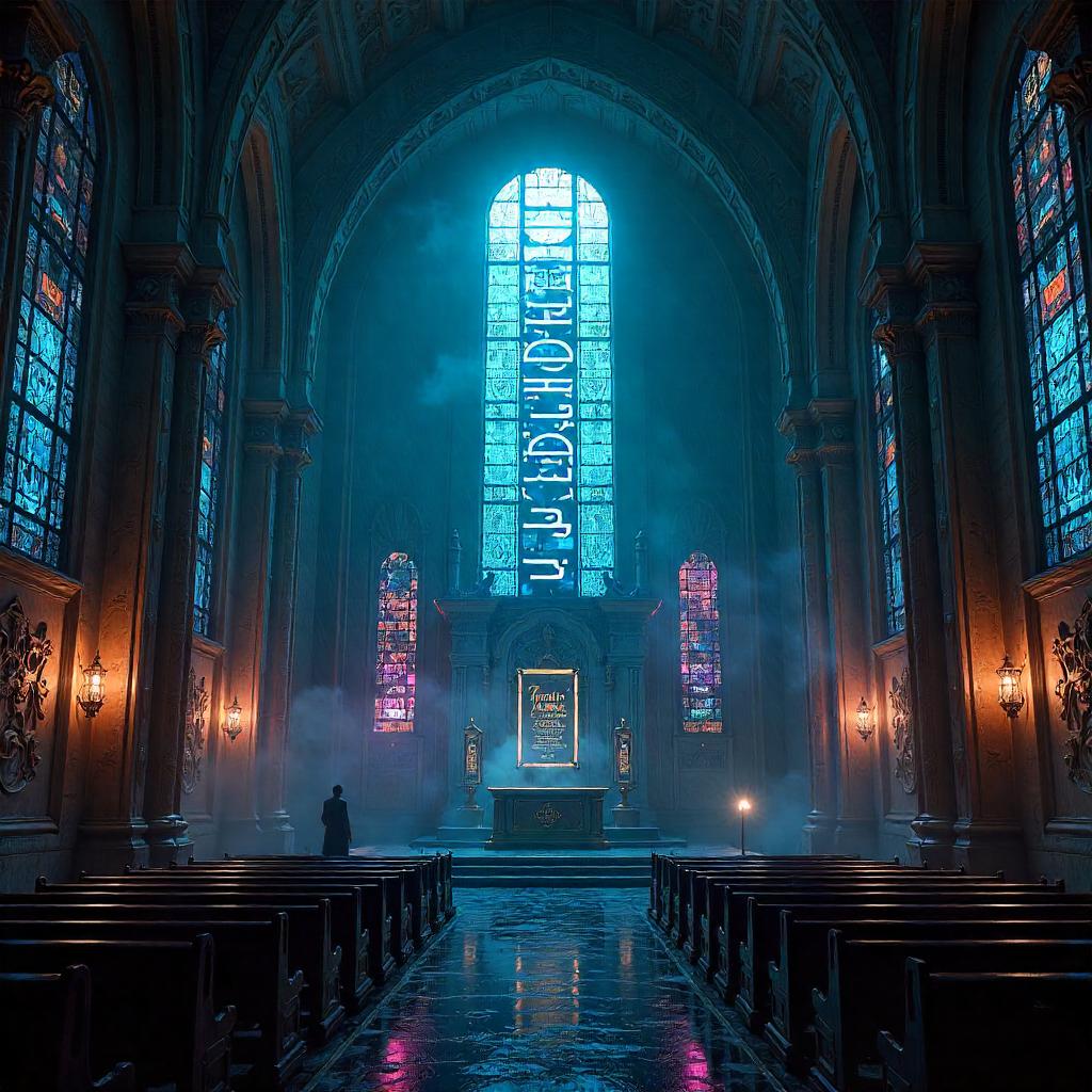 Moonlit Cyberpunk Synagogue in Neon Night