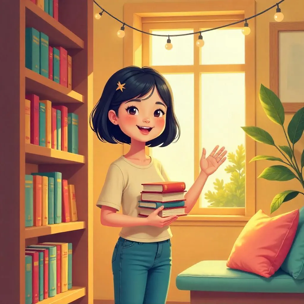 Cheerful Asian Girl in a Library - Cartoon Style