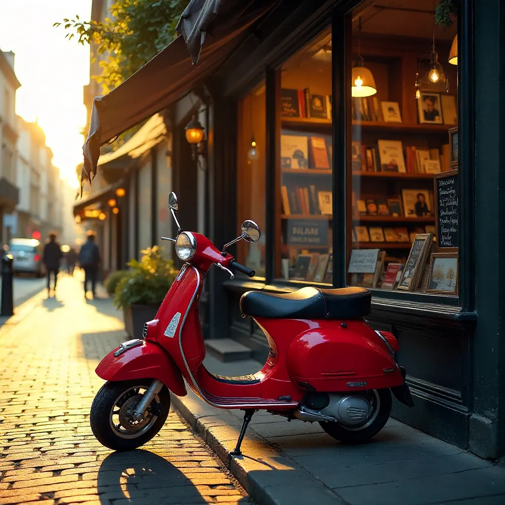 Red Vintage Scooter in Sunlit Nostalgic Urban Street