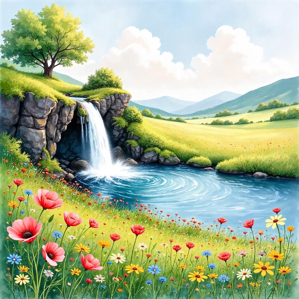 Waterfall in a Field of Flowers — Watercolor Dream