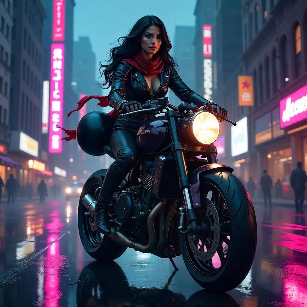 Elegant Latina Moto Rider — Neon Concept Art