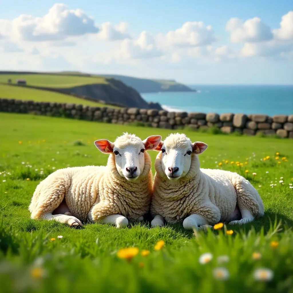 Two Sheep Resting in a Lush Cornish Field, Bude