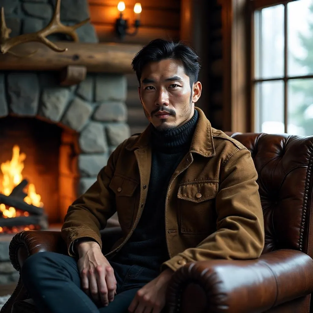 Photoreal Portrait: Handsome Asian Man in a Hunting Lodge