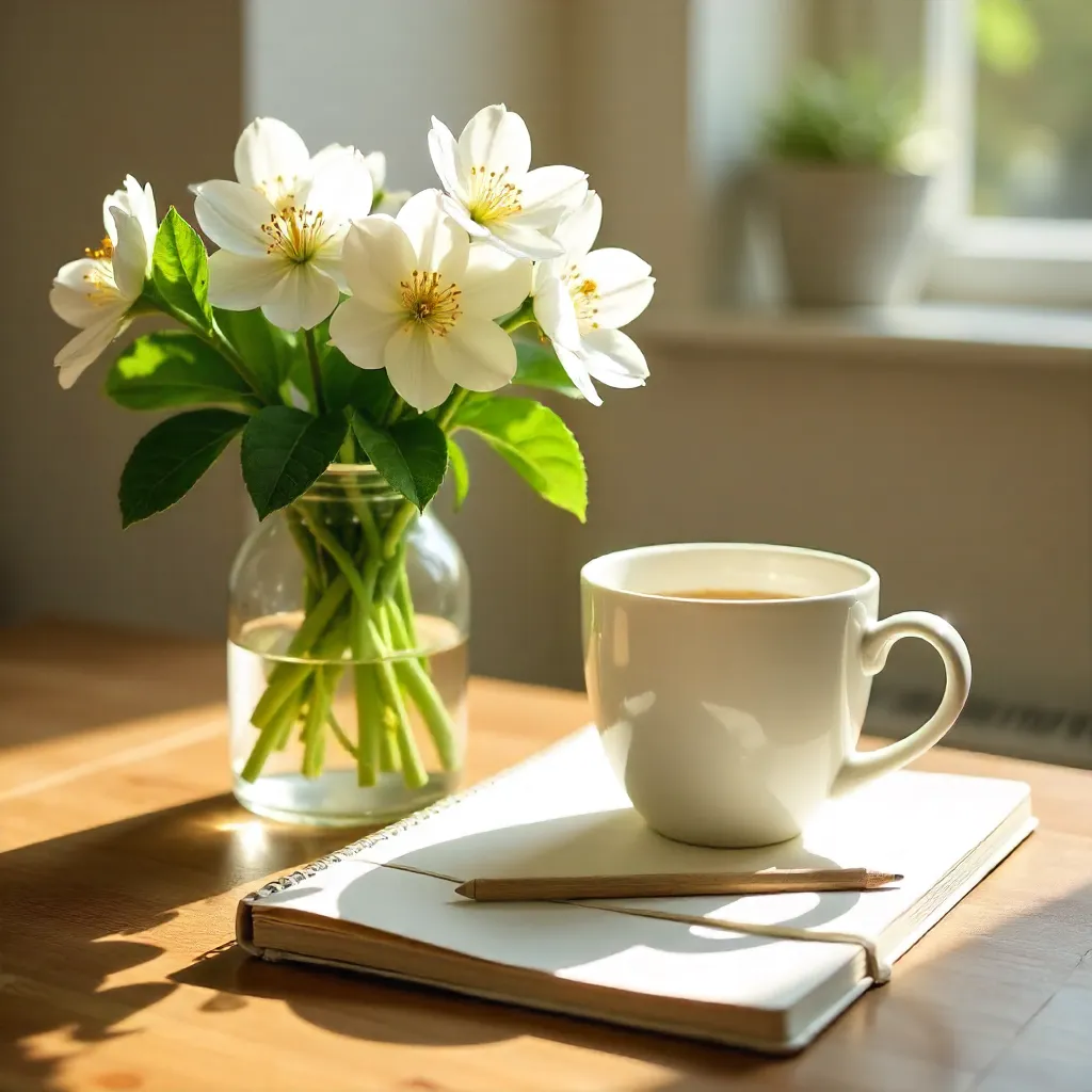 White Flowers with Coffee Mug and Notebook on Wood Table