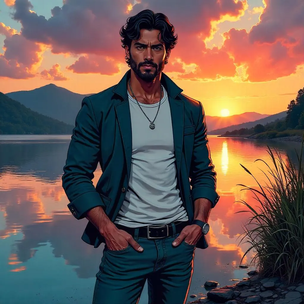 Handsome Indian Man by the Lake in Comic Book Style