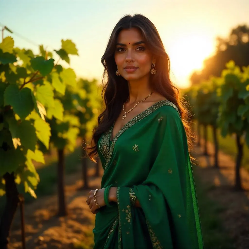 Photorealistic Indian Woman in a Vineyard at Golden Hour