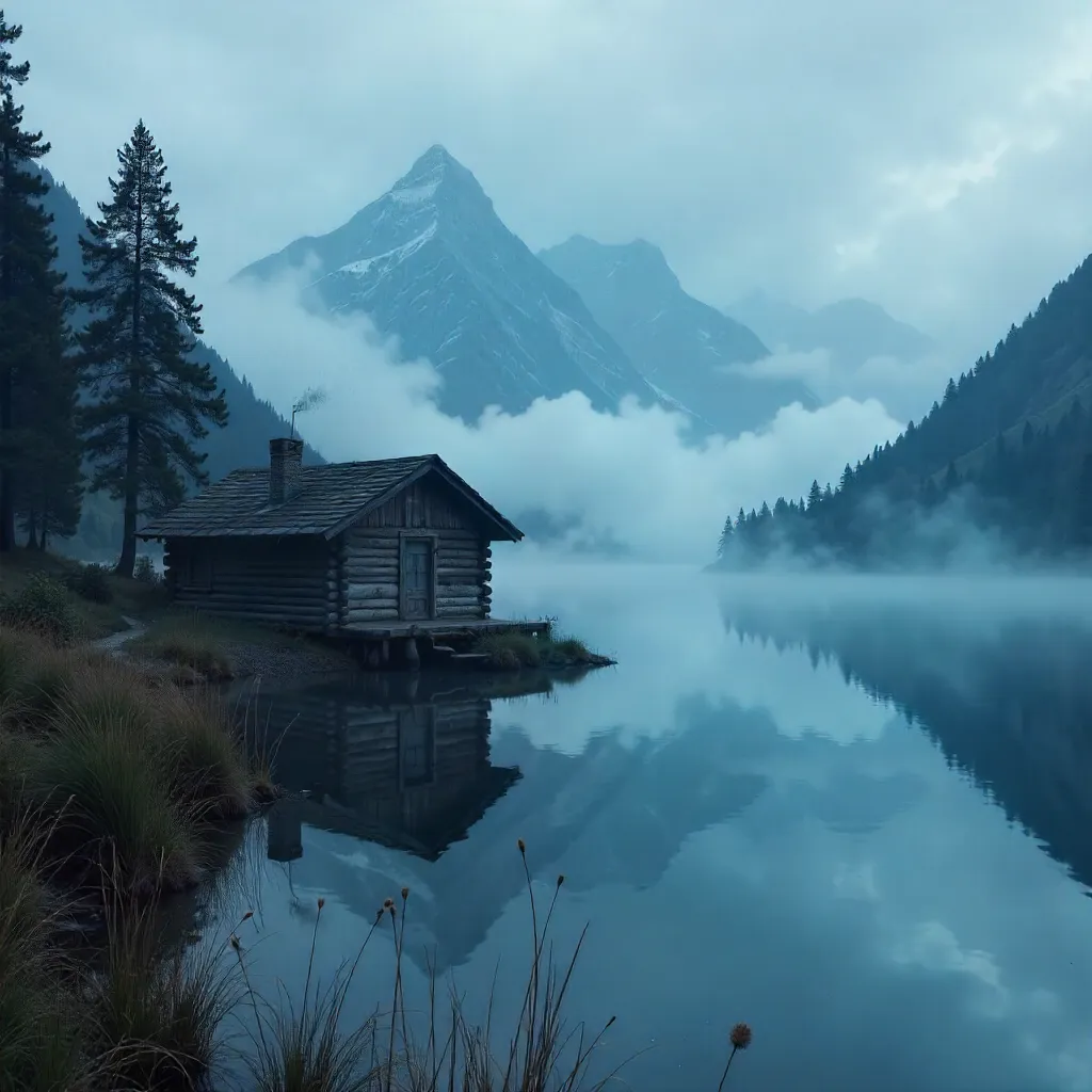 Solitary Cabin Amid Misty Mountains and Lake