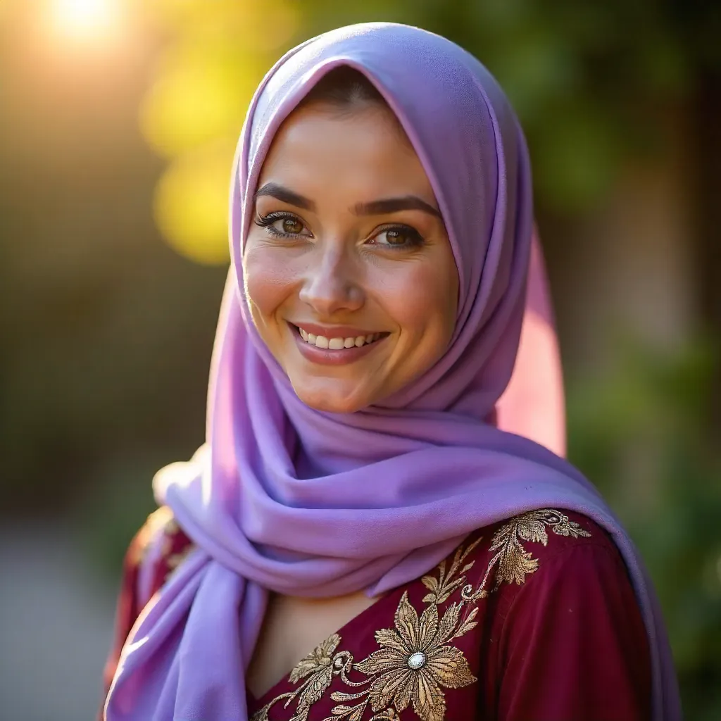 Radiant Portrait: Lavender Hijab and Embroidered Maroon Dress
