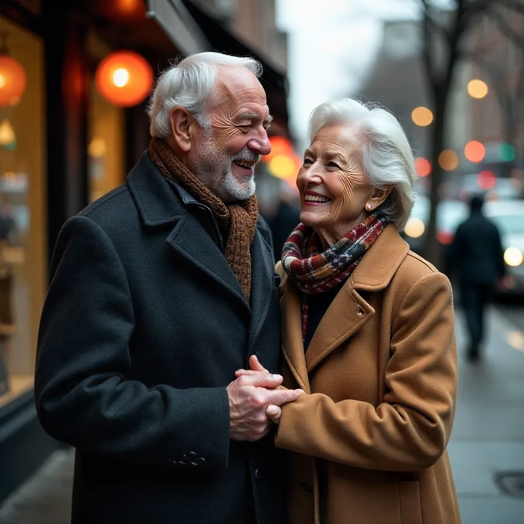 Smiling Senior Couple in City Coats Sharing a Moment