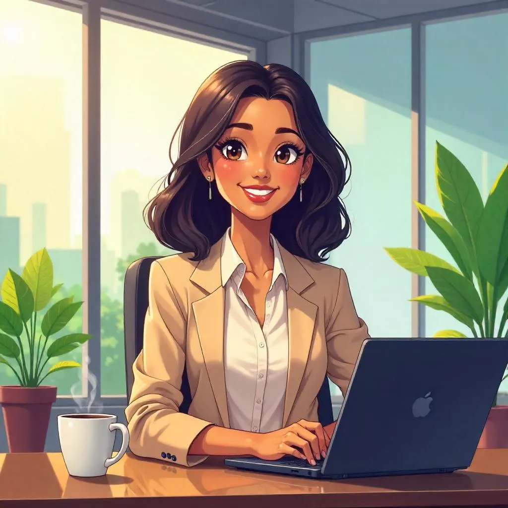 Cheerful Latina in a Bright Anime Office