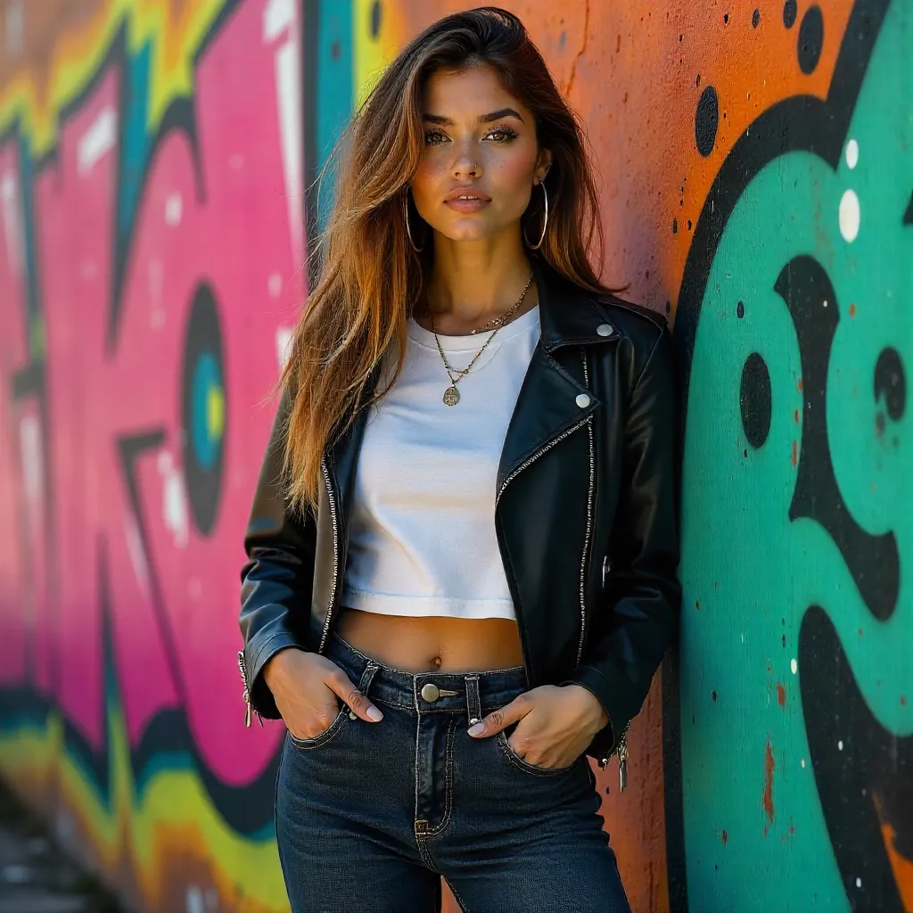 Confident Street Style Against Colorful Graffiti Wall