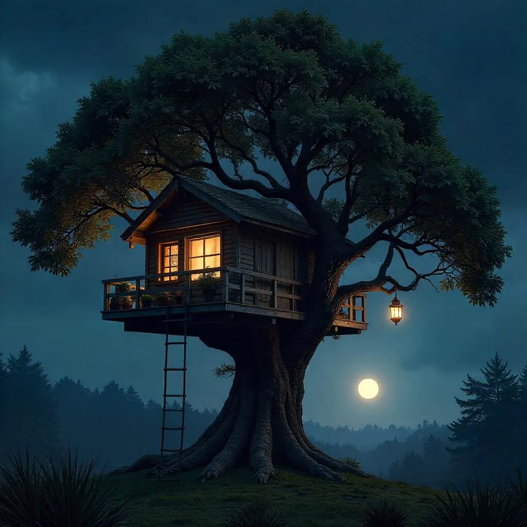 Photorealistic Treehouse Under a Solar Eclipse