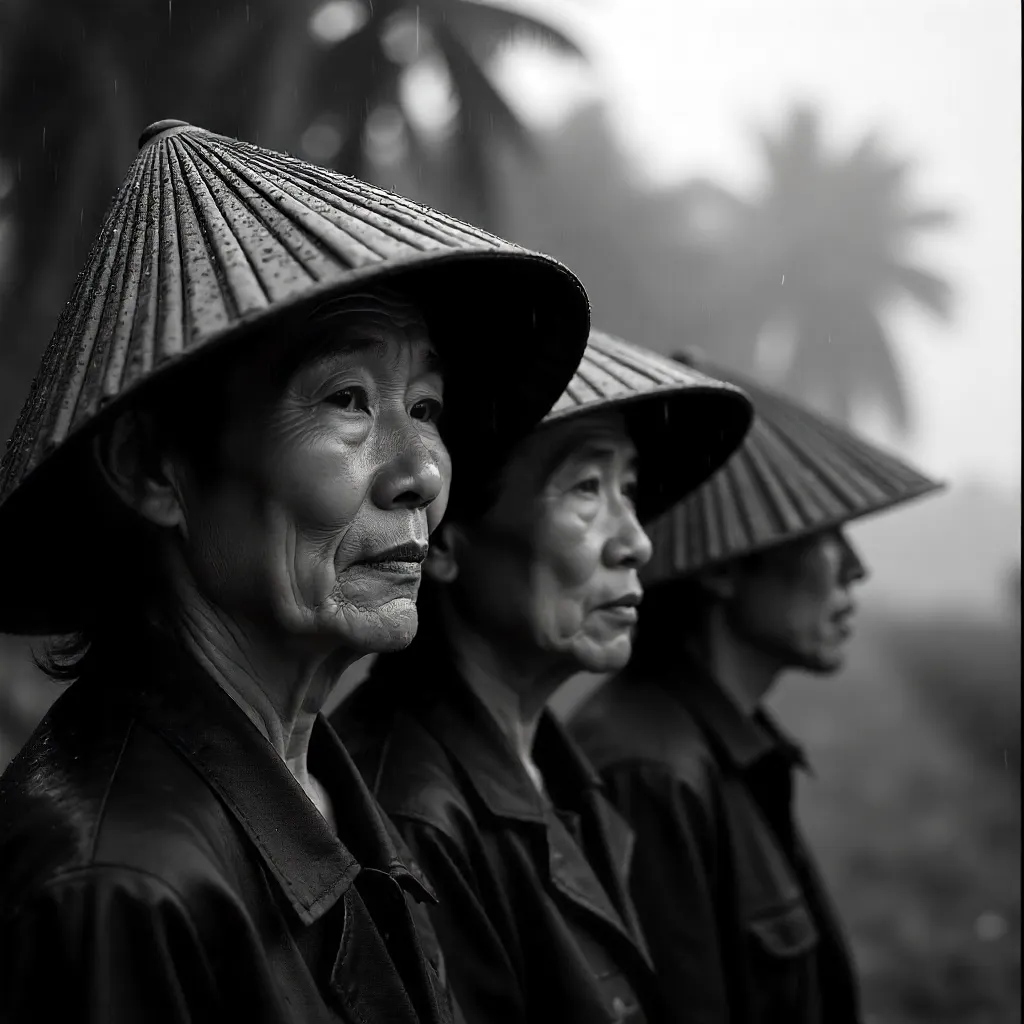 Rainy Vietnamese Nón Lá Portrait in Monochrome