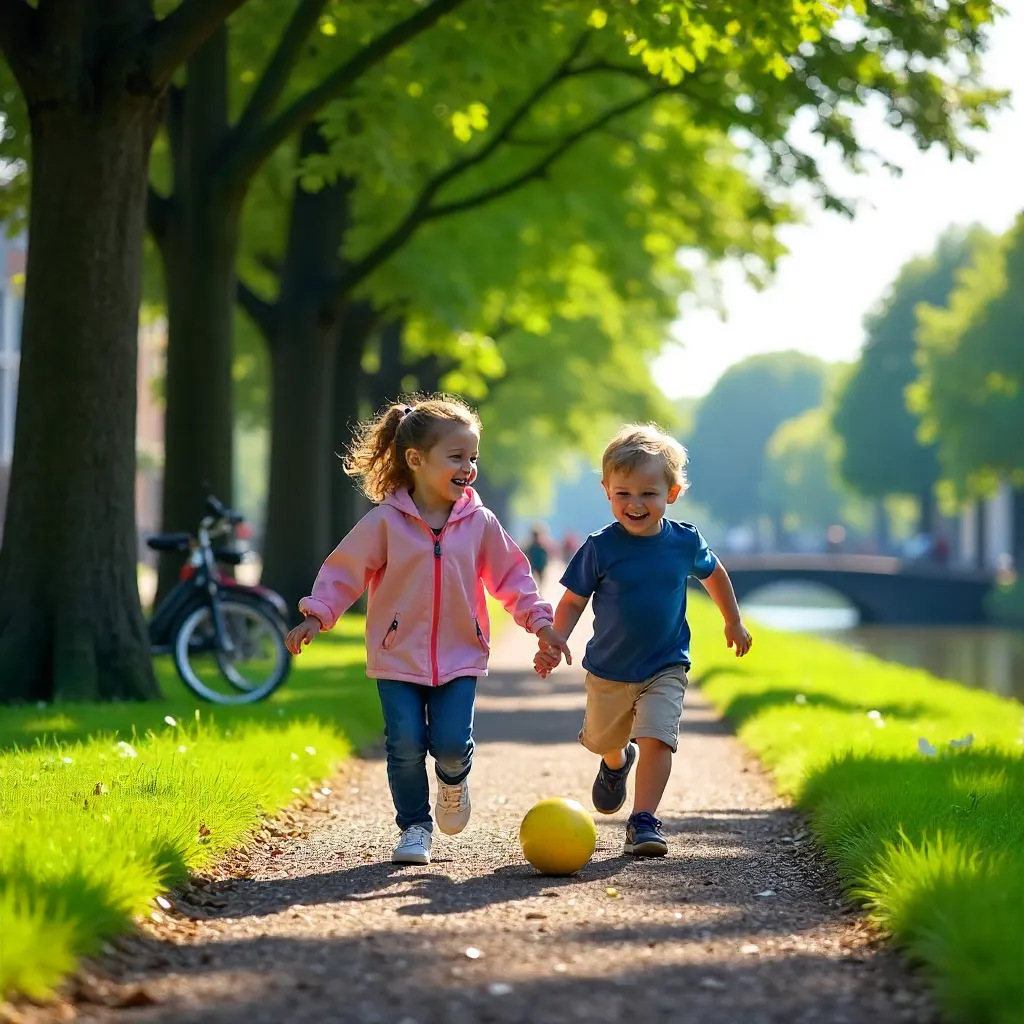 Two Children Playing on a Tree-Lined Path in Utrecht Park