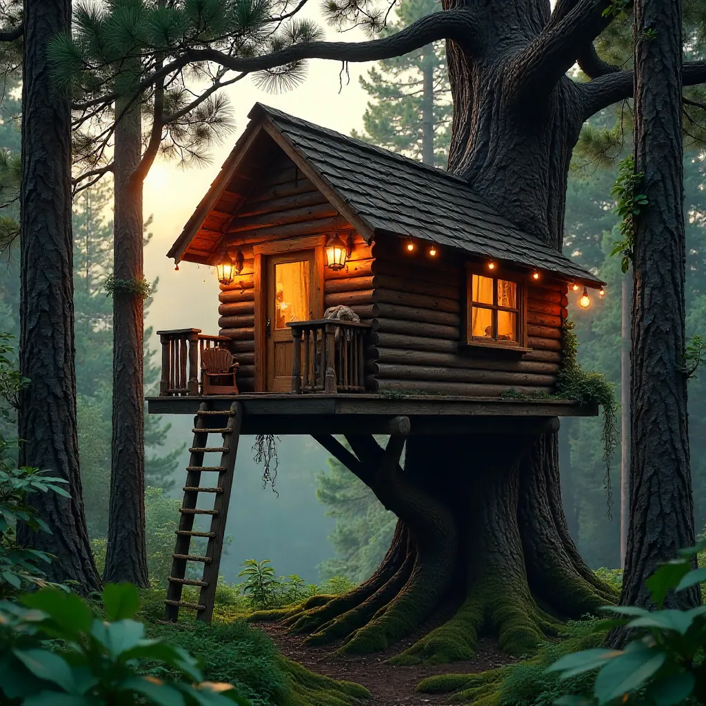 Cozy Treehouse in a Serene Forest at Golden Hour