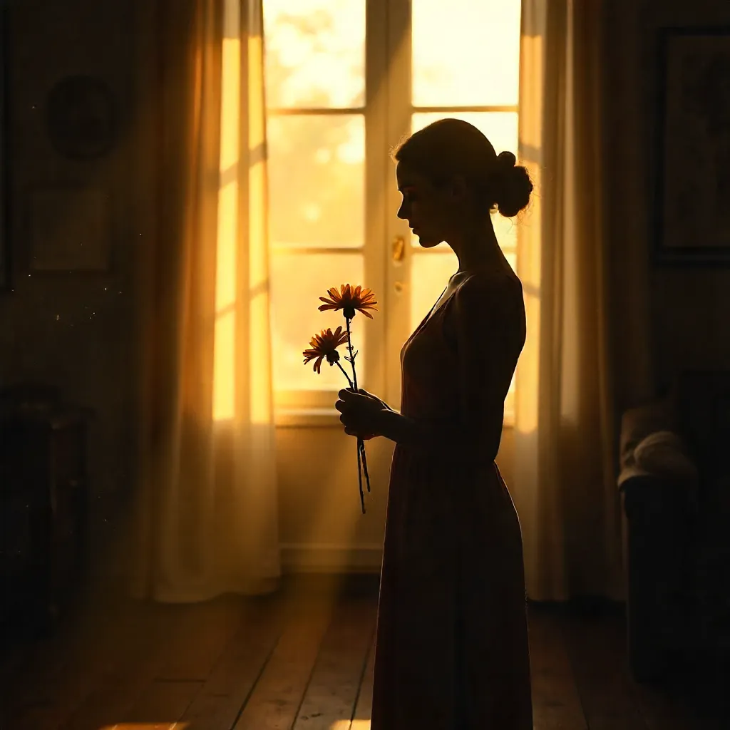 Silhouette of a Woman with a Flower in a Sunlit Room