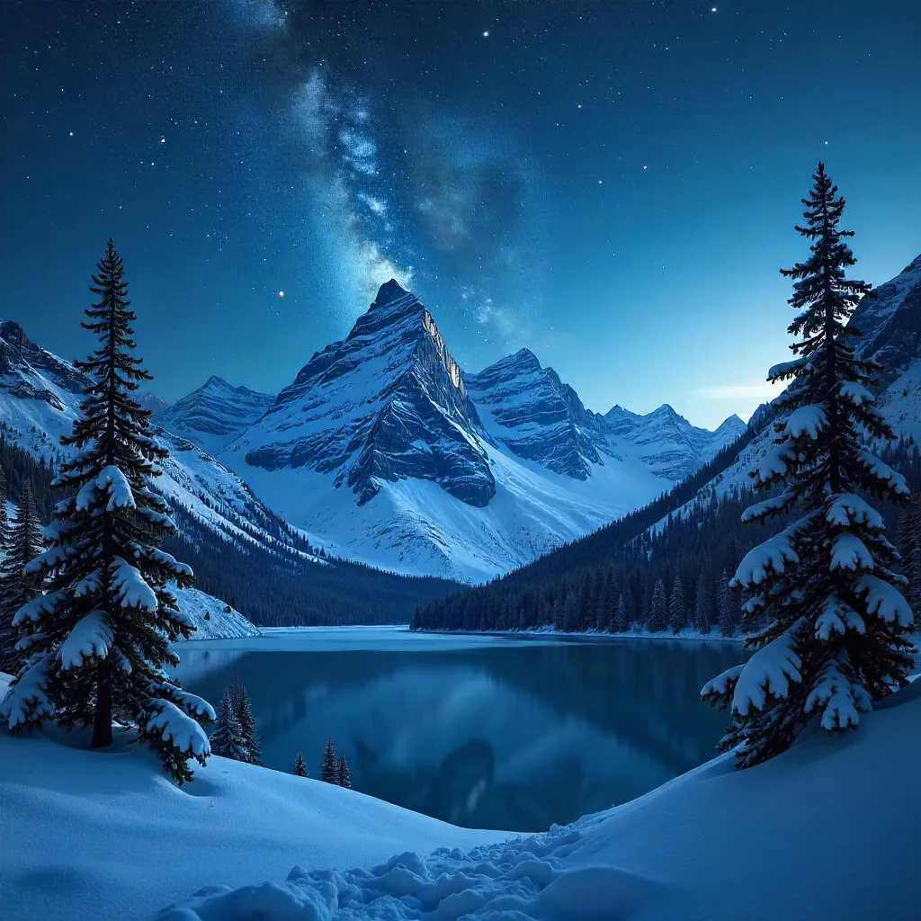 Starry Winter Night Over Snowy Mountain Peaks
