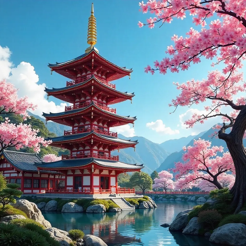Azure Sky Over a Traditional Five-Story Japanese Pagoda