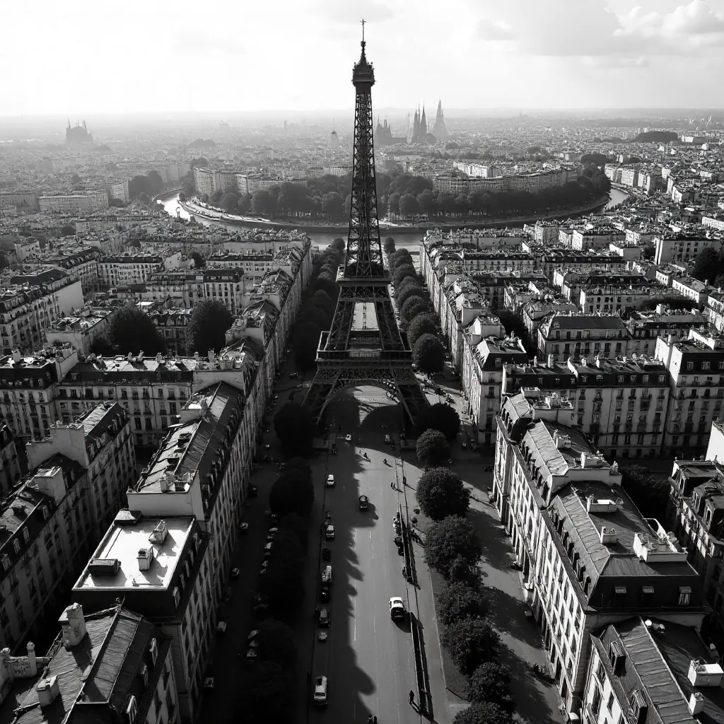 Aerial Noir: Monochrome Paris Skyline with the Eiffel Tower