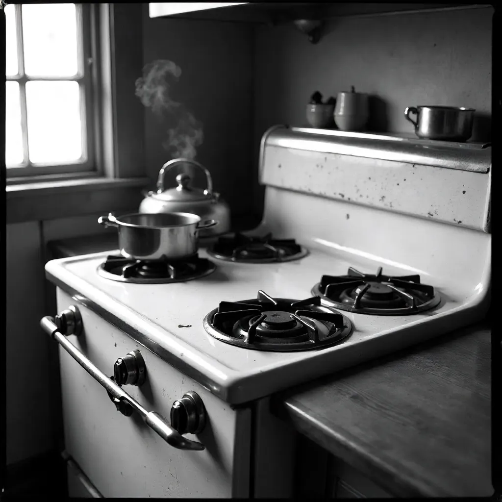 Warm Black-and-White Stove Scene with Pots