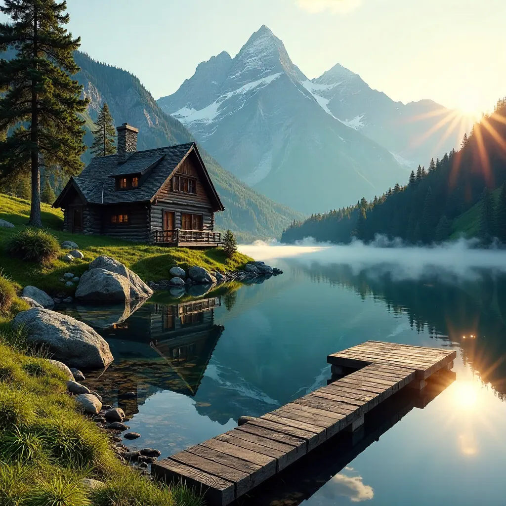 Alpine Lodge Reflecting on a Tranquil Lake