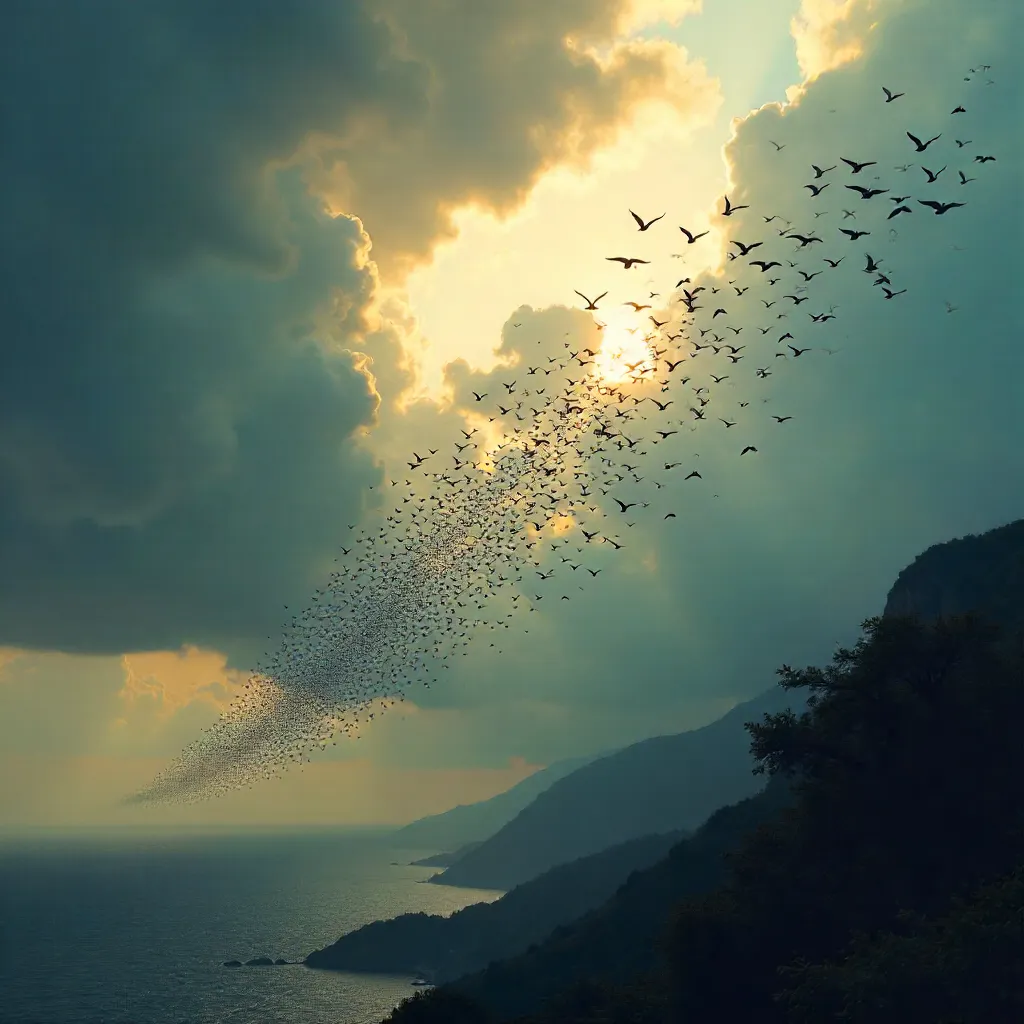 Massive Flock Crossing a Moody Cloudy Sky