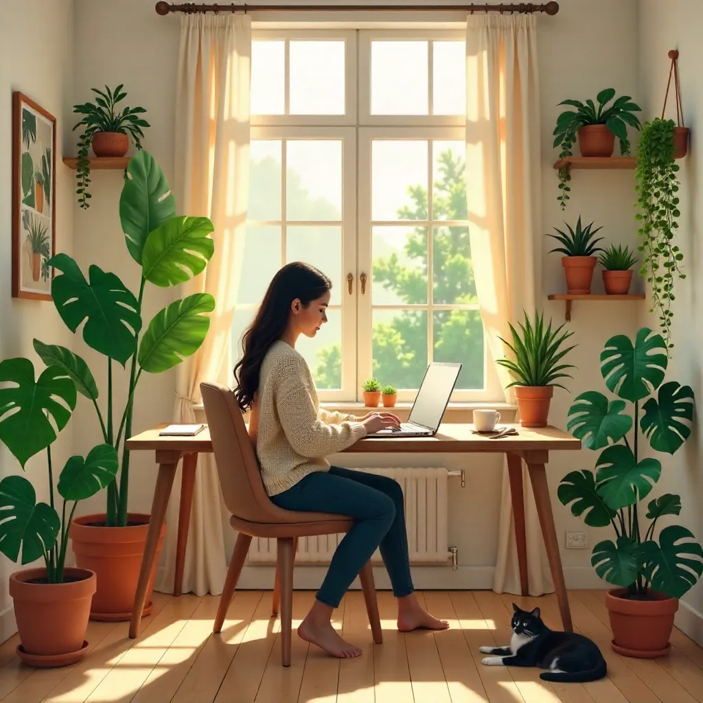 Cozy Plant-Filled Home Office for Remote Work