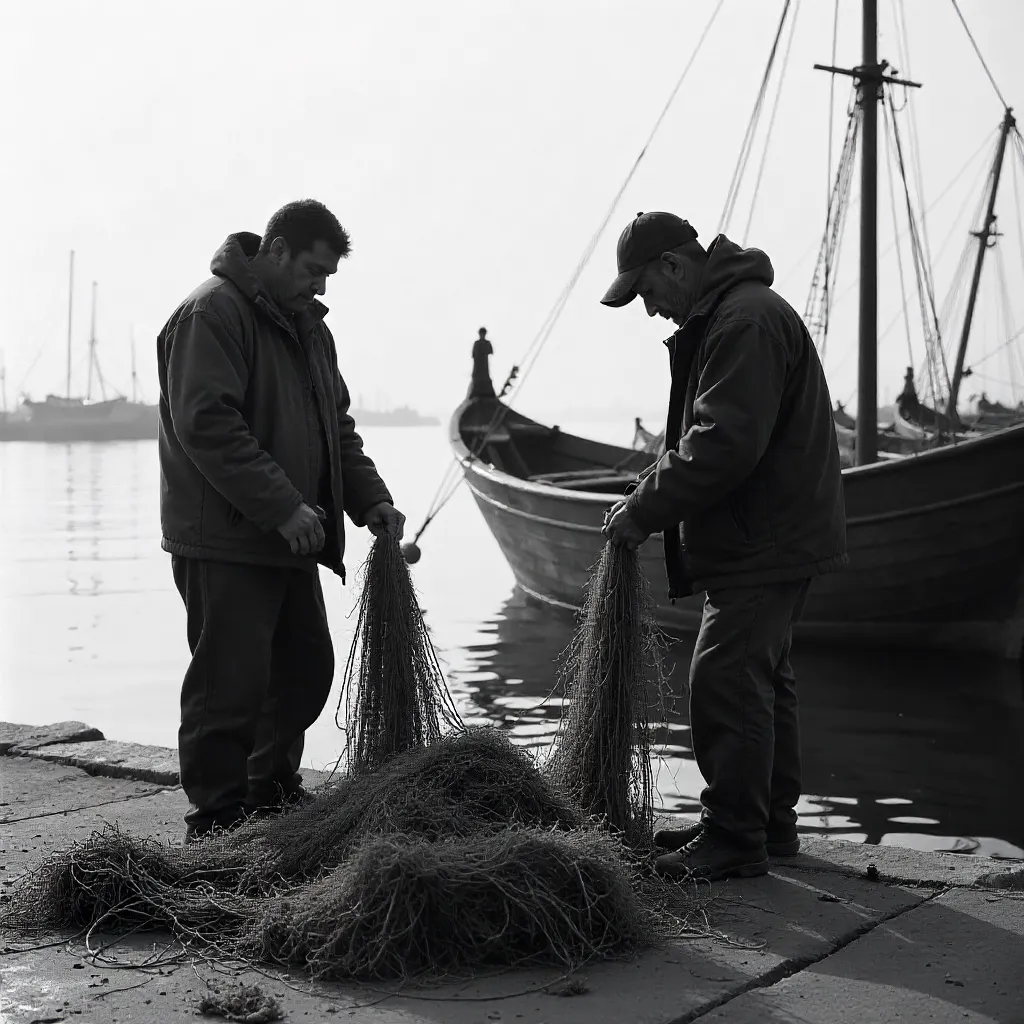 Two Fishermen Preparing Nets by the Sea — Black & White