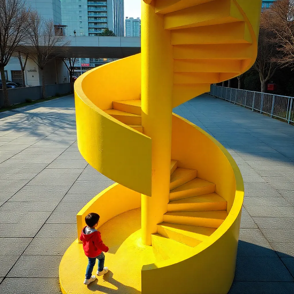 Aerial View: Child on a Yellow Spiral Staircase in Tokyo