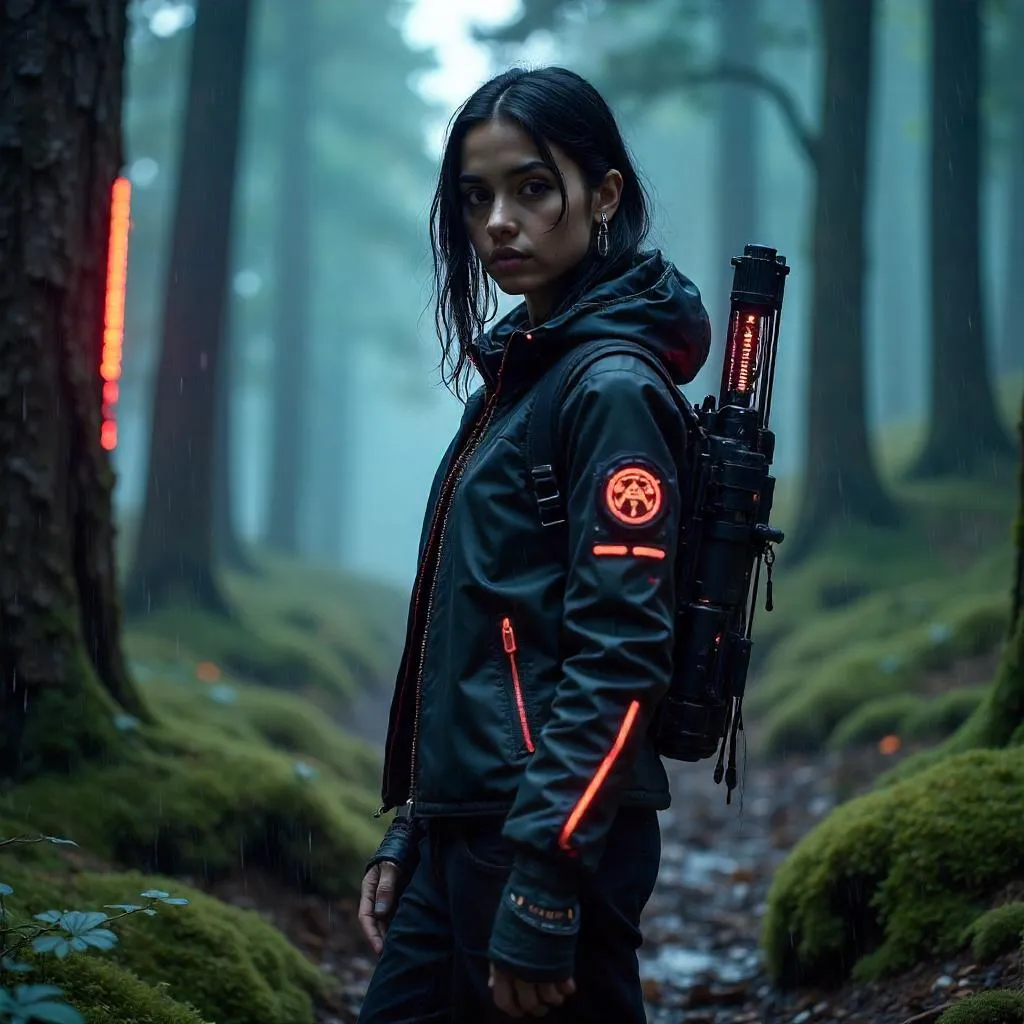Neon Forest Cyberpunk: Middle Eastern Woman Warrior