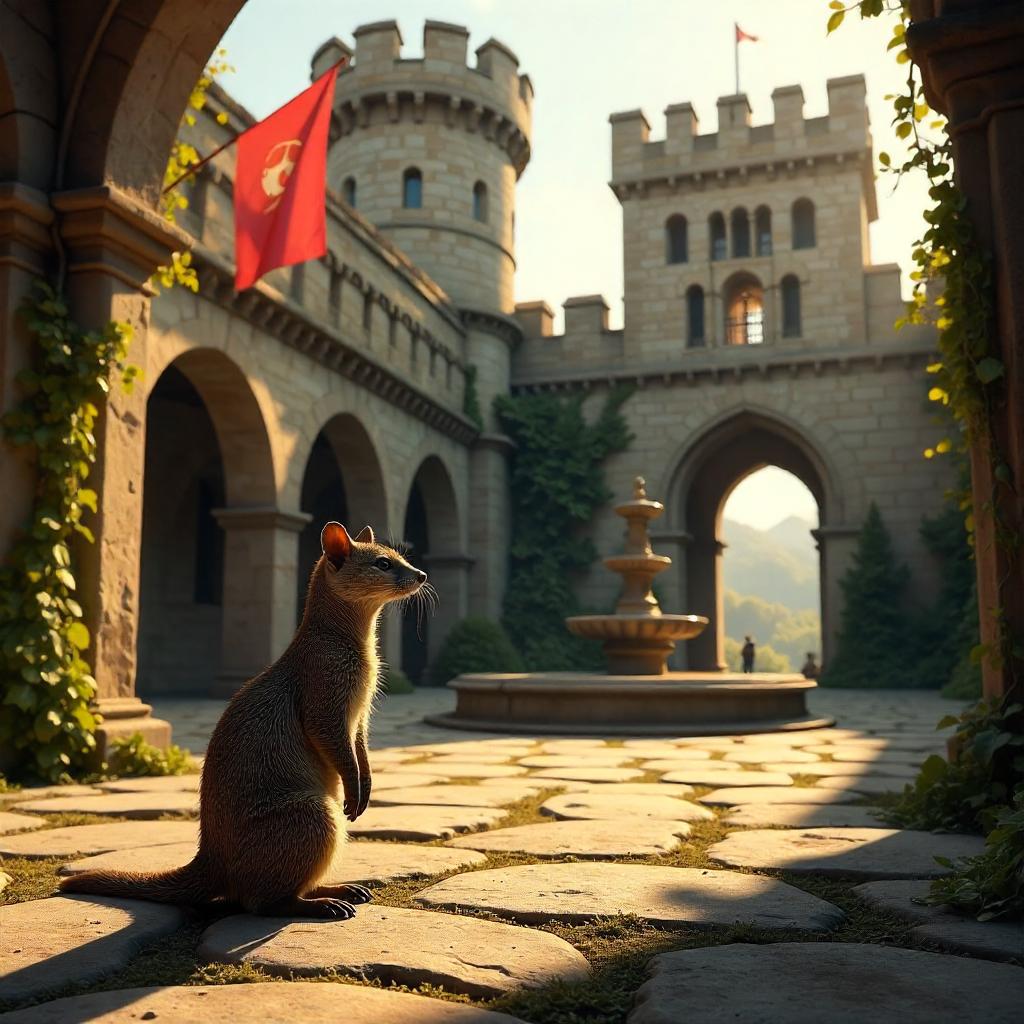 Mongoose in a Sunlit Castle Courtyard