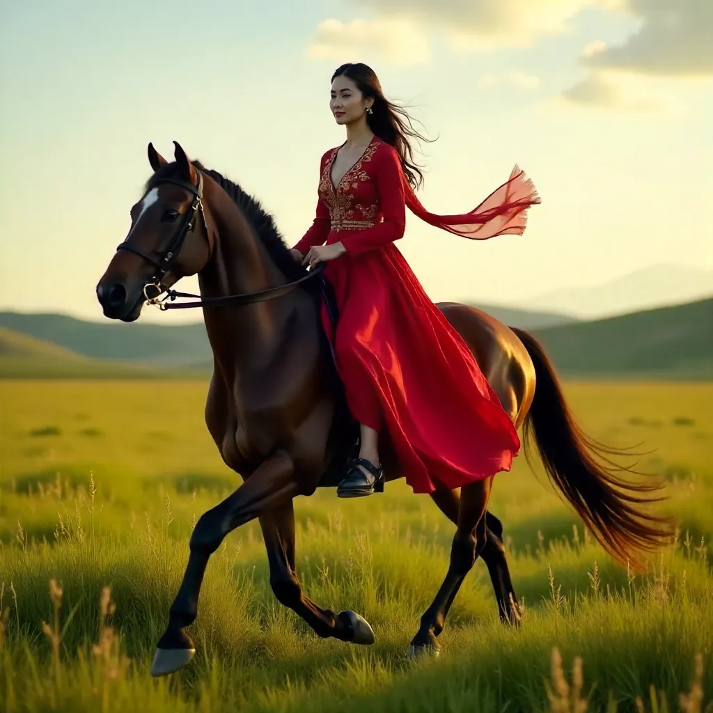 Graceful Rider in Red on Emerald Grass