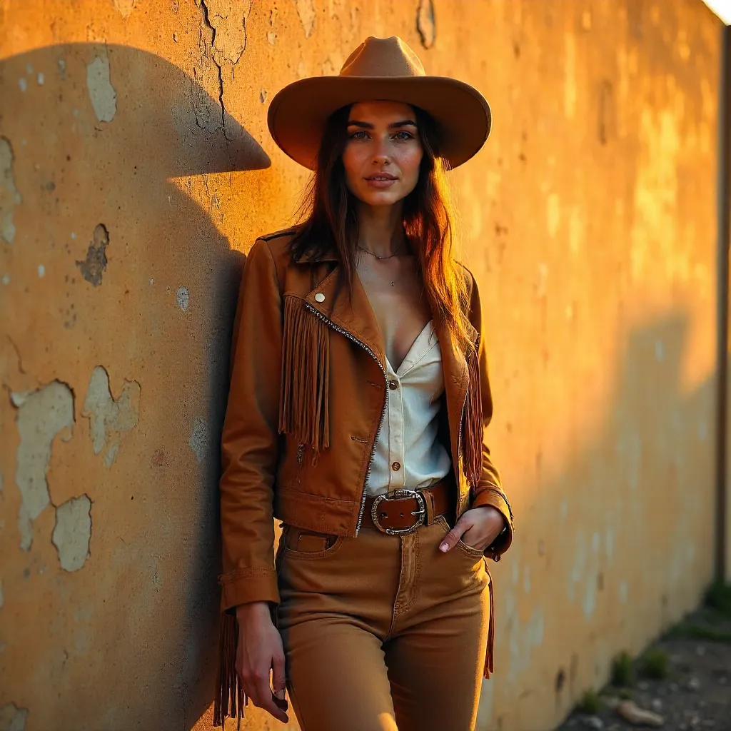 Golden Hour Portrait: Woman in Western Hat by Textured Wall
