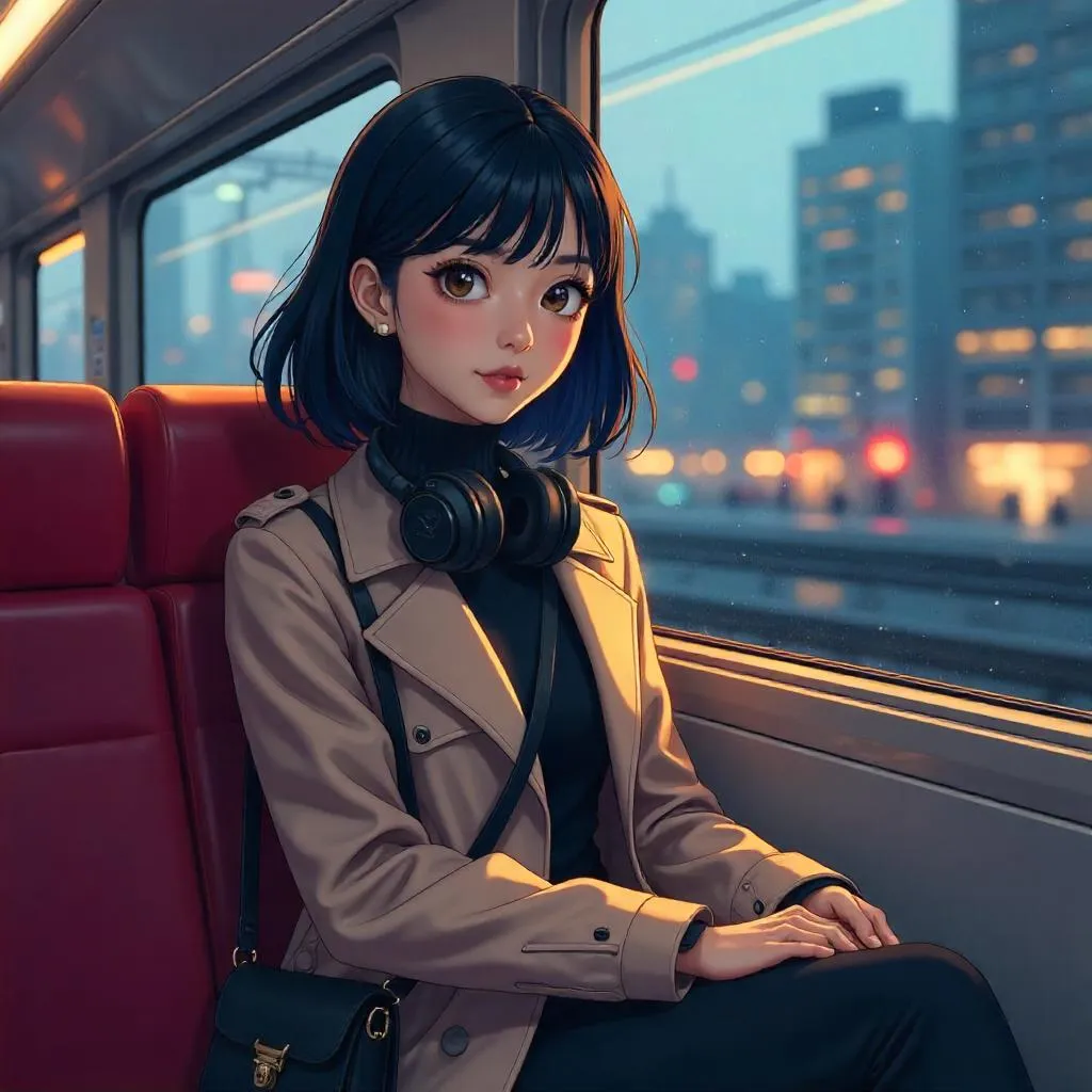 Stylish Asian Woman in an Anime Train Car