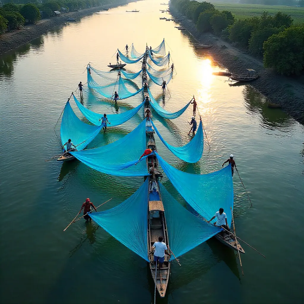 Aerial View of West Bengal Fishermen with Blue Nets
