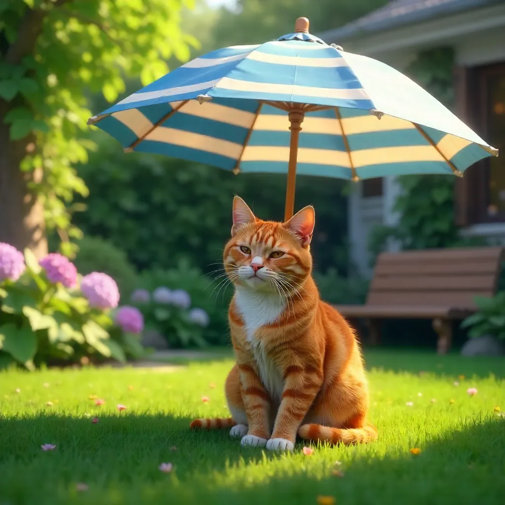 Ginger Cat Under Garden Umbrella Amid Lush Greenery
