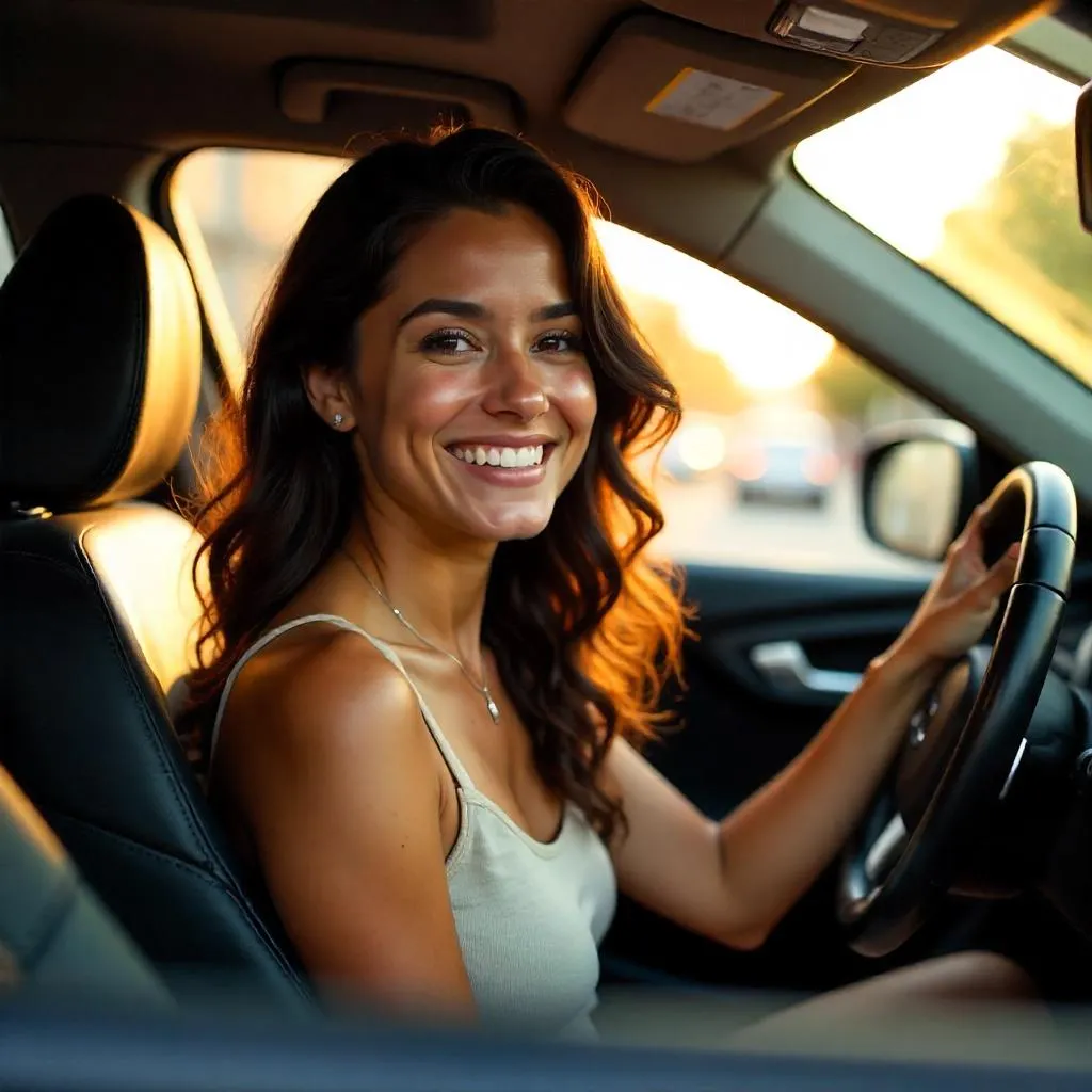 Cheerful Latina Woman in a Sunny Car Ride