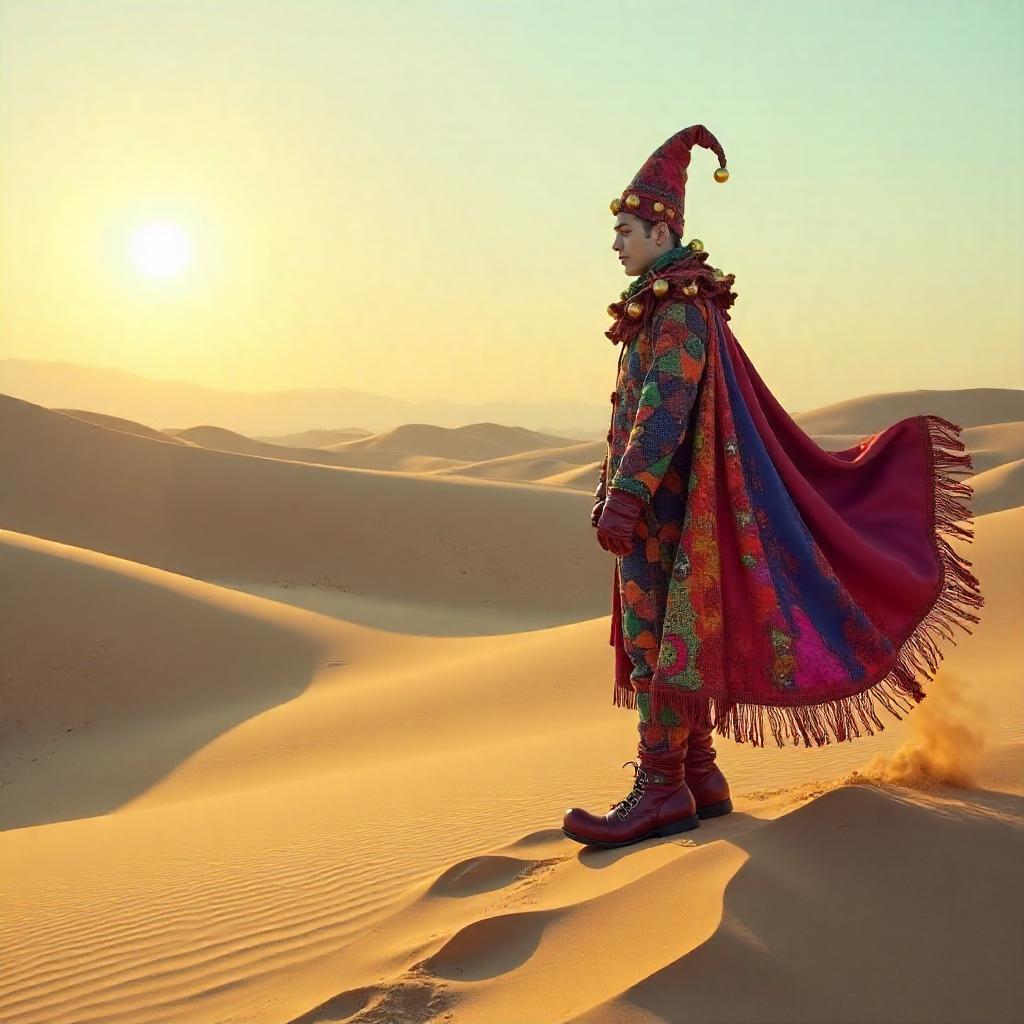 Lone Jester Among Golden Sand Dunes