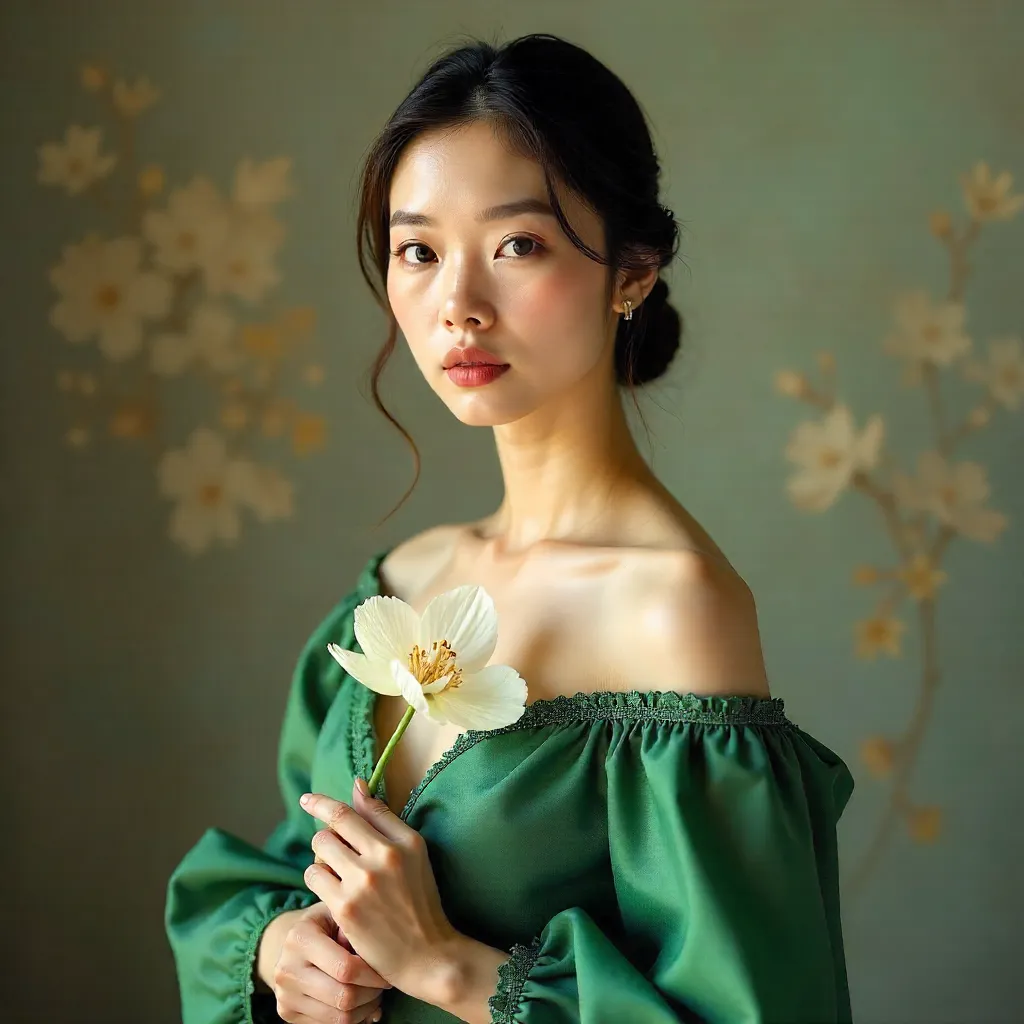 Elegant Asian Woman Portrait with a Delicate Flower