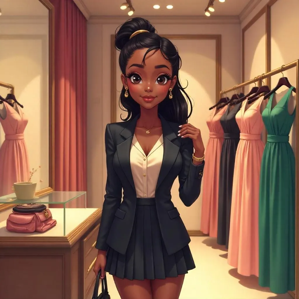 Elegant Anime Black Girl in a Boutique