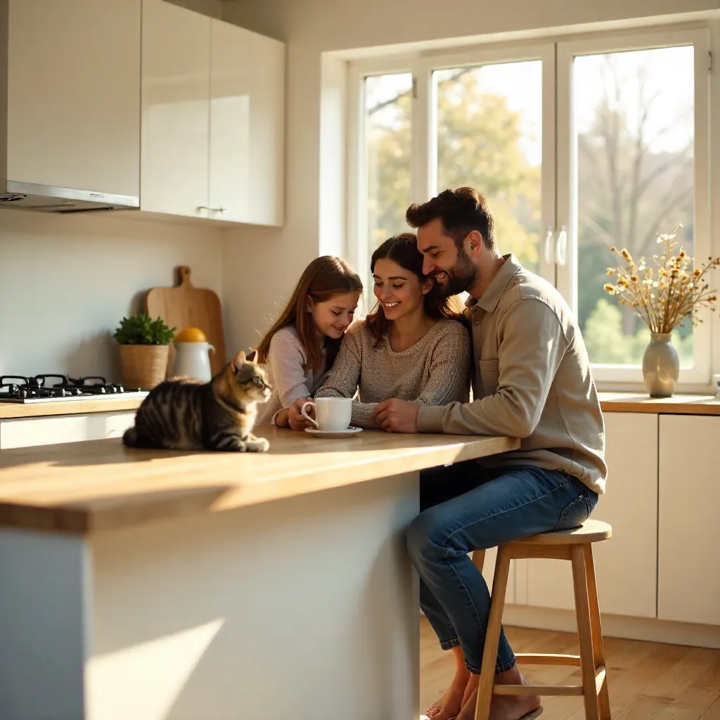 Warm family cat moment in a bright modern kitchen