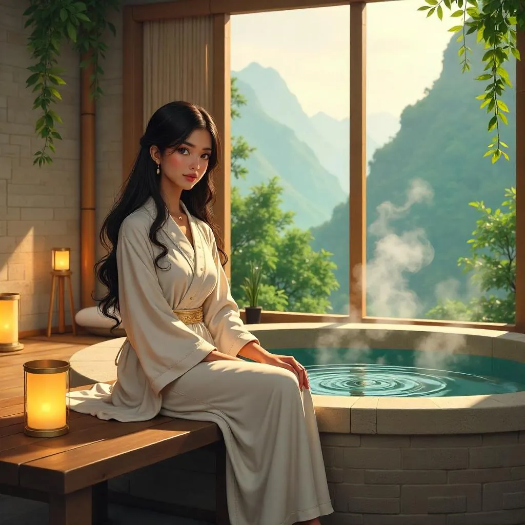 Elegant Latina in a Tranquil Anime Spa