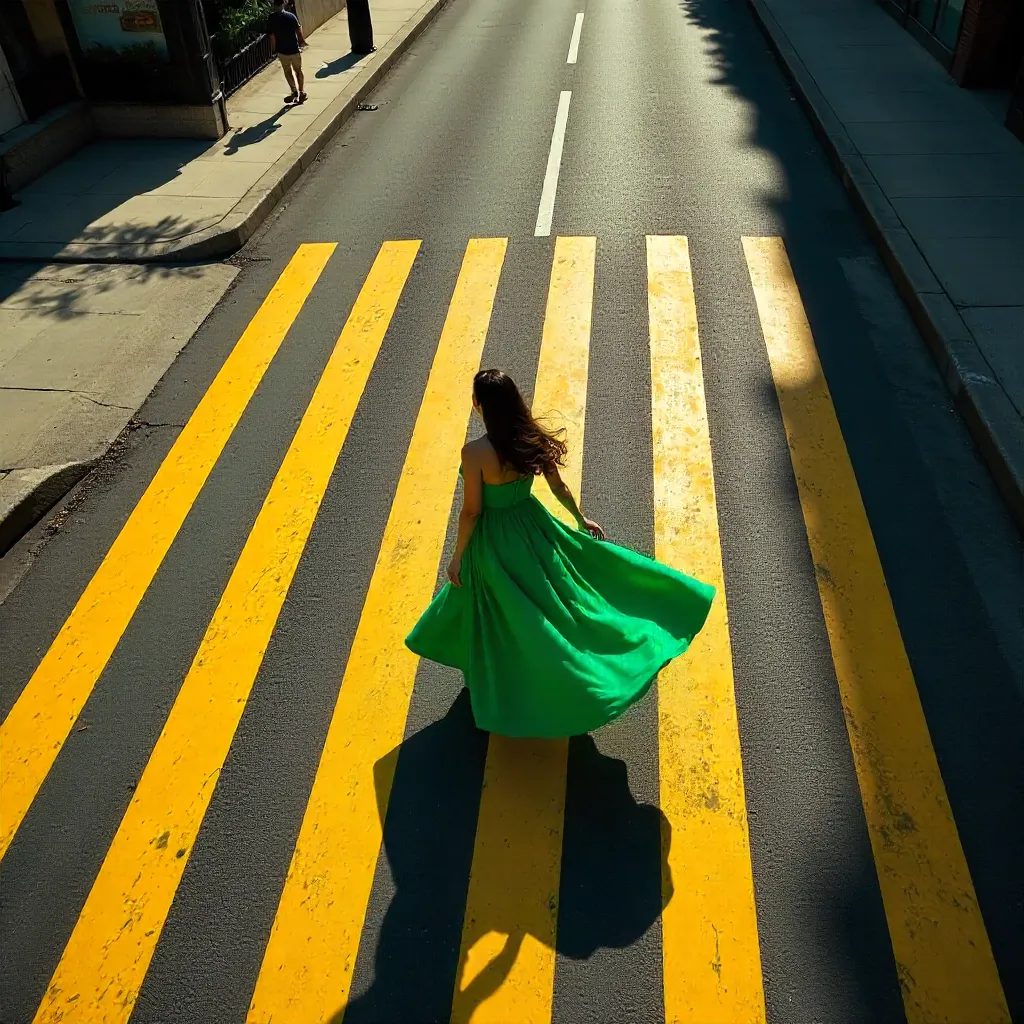 Bird's-eye View: Green Dress on Yellow Crosswalk