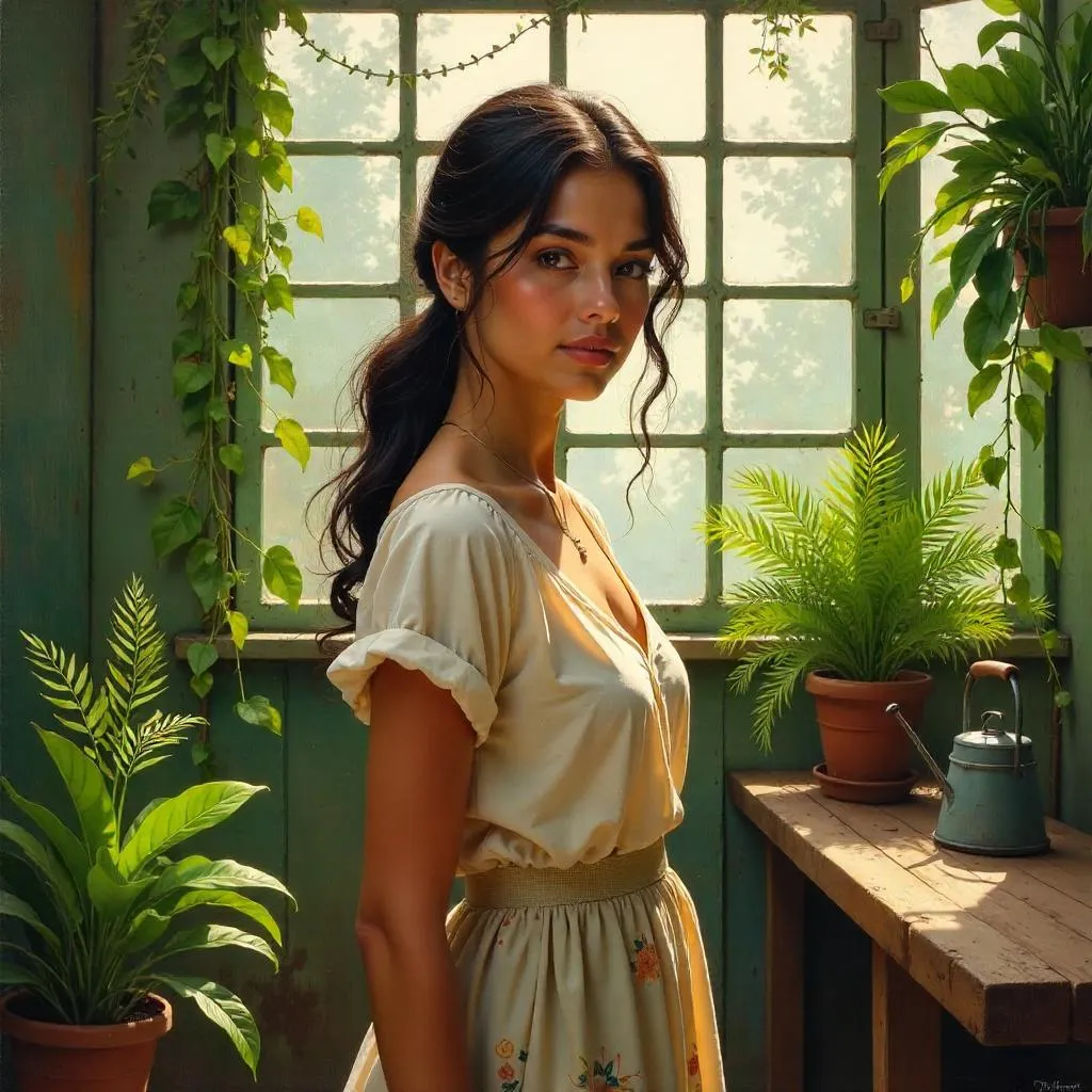 Sunlit Greenhouse Portrait of a Young Latina