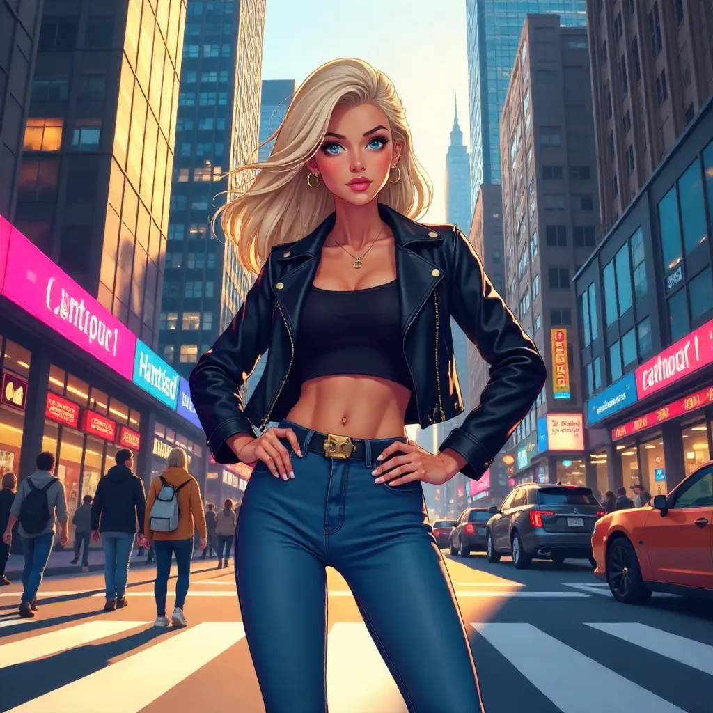 Confident White Woman in Anime Downtown Street