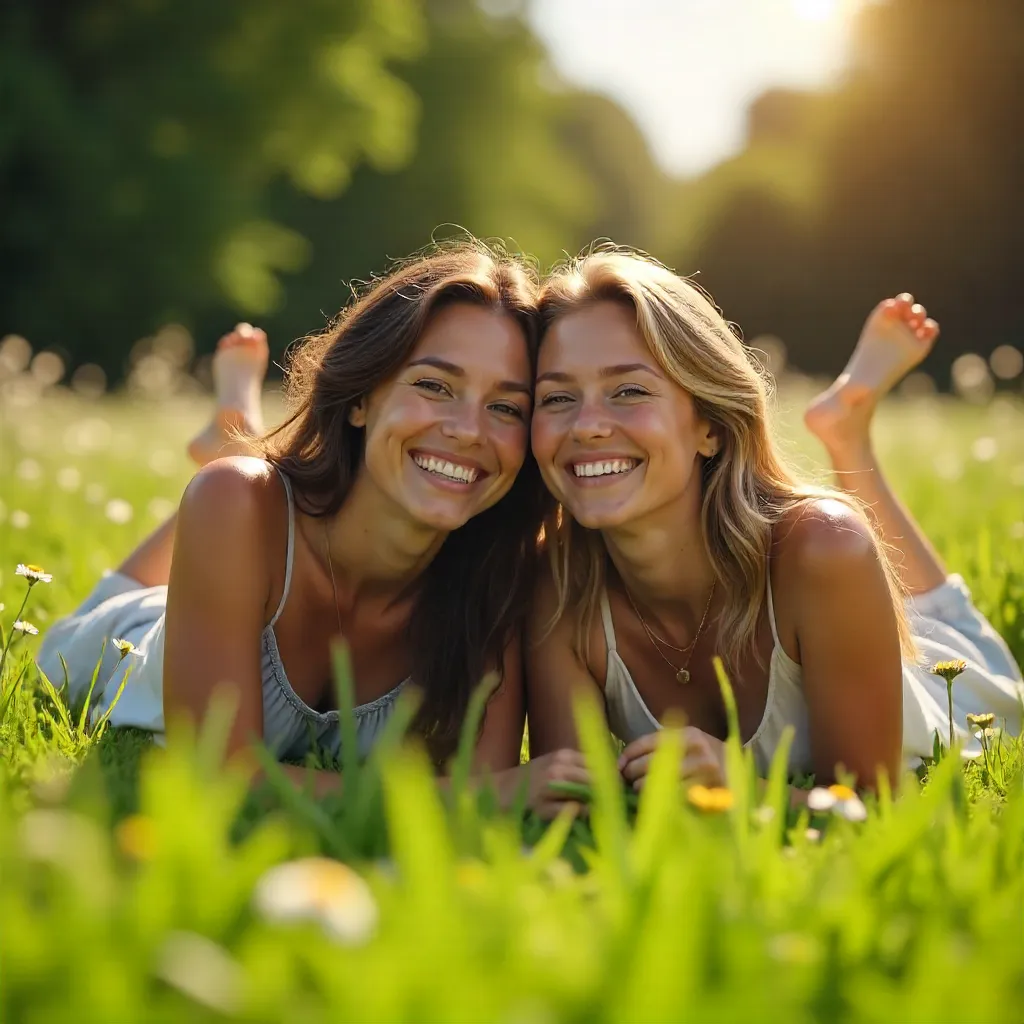 Sunlit Bliss: Two Women on Grassy Meadow