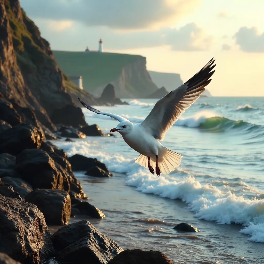 Seagull over a rugged English coast at dawn